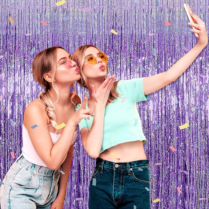 6 Pack Light Purple Foil Fringe Curtain Backdrop, 3.28Ft x 8.2Ft Metallic Tinsel Foil Fringe Streamer Curtains for Photo Booth, Christmas Day, New Year, Wedding Party Decorations