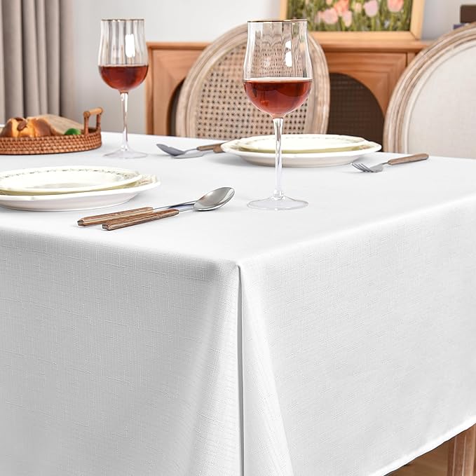 Fitable Faux Linen White Tablecloths for Rectangle Tables - 90 x 156 Inch - 6 Pack Fabric Textured Washable Table Clothes Floor Lenghth Table Covers for Wedding, Party, Banquet, Birthday