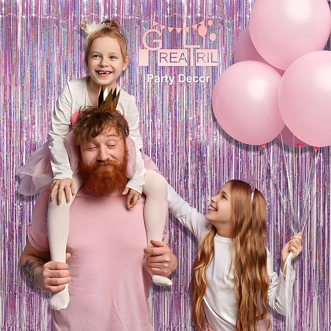 Pink Tinsel Curtain Party Backdrop - GREATRIL Foil Fringe Curtain Lilac Pink Party Streamers for Birthday Girl Princess Bachelorette Euphoria Taylor Themed Party Decorations - 2 Packs