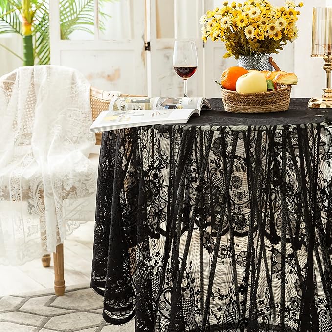 Gorgeous Round Lace Tablecloth,Vintage Floral Embroidered Table Cloths, Chic Round Table Cover for Wedding Banquet HolidayDinner Tables 60INCH (Black)