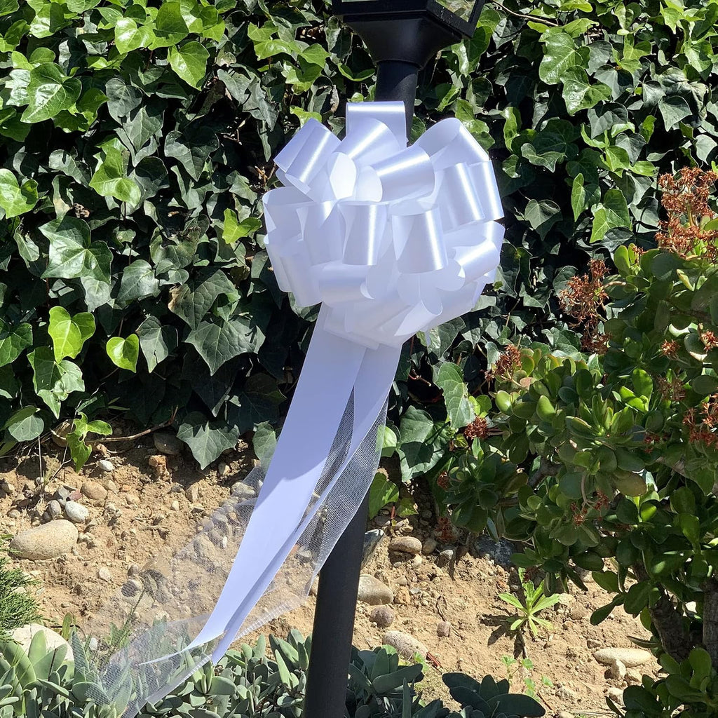 Large White Wedding Pull Bows with Long Tulle Tails - 9" Wide, Set of 6, 4th of July, America 250 Anniversary, Wedding Pew Bows, Mother's Day, Aisle Decor, Reception, Wreath, Anniversary, Graduation