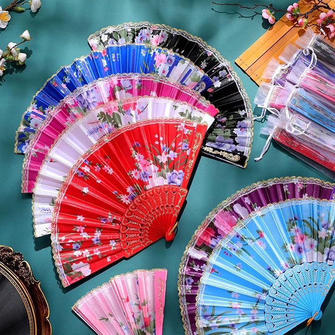 Geetery 30 Pcs Folding Hand Fan for Line Dancing Spanish Boots on The Ground Fans Gifts Bulk Colorful Silk Popping Rave for Women Tea Party Wedding Church Halloween Costume(Floral,Classic Colors)