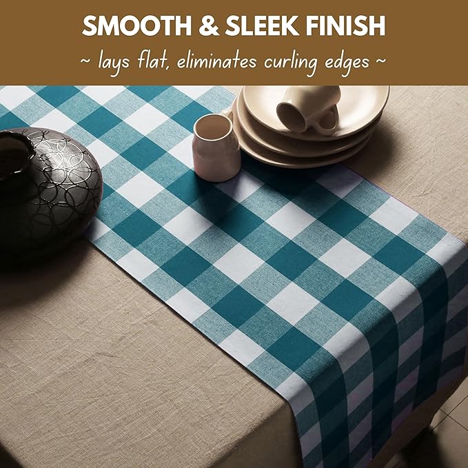 Native Fab Table Runner Buffalo Check Plaid 100% Cotton - 13x90 Inches Kitchen Dining Table Decoration for Indoor Outdoor Farmhouse Home Party Decor - Teal Green and White