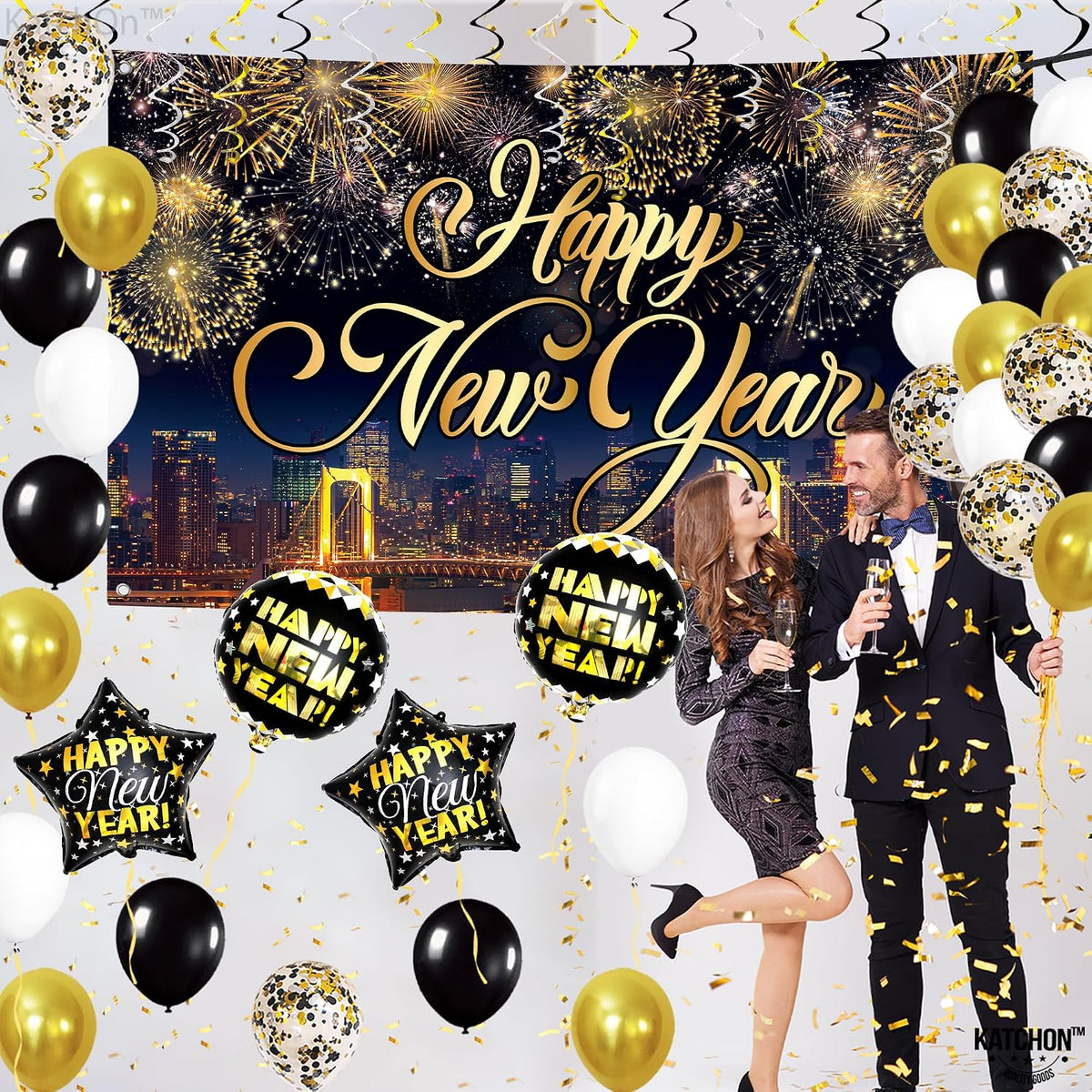 katchon new years eve party supplies set, pack shown in use