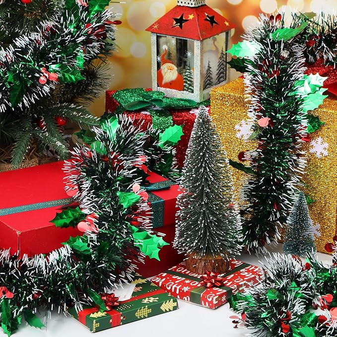 72 Feet Christmas Tinsel Garland Shiny Metallic Tinsel Twist Garland Streamers Ornaments Long Glitter Christmas Tree Hanging Decorations for Party Holiday Wedding Birthday Tree (Dark Green White)