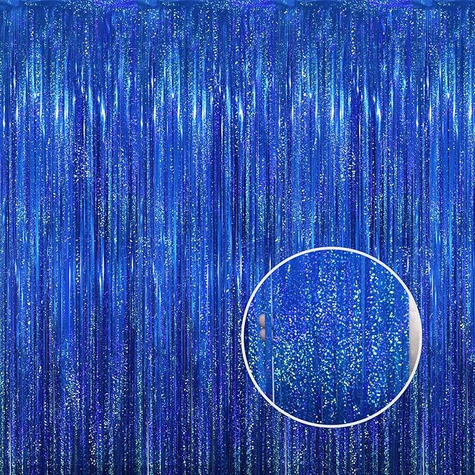 GOER 3.2 ft x 8.2 ft Metallic Tinsel Foil Fringe Curtains Party Photo Backdrop Party Streamers for Birthday,Graduation,New Year Eve Decorations Wedding Decor(4 Packs,Shiny Blue)