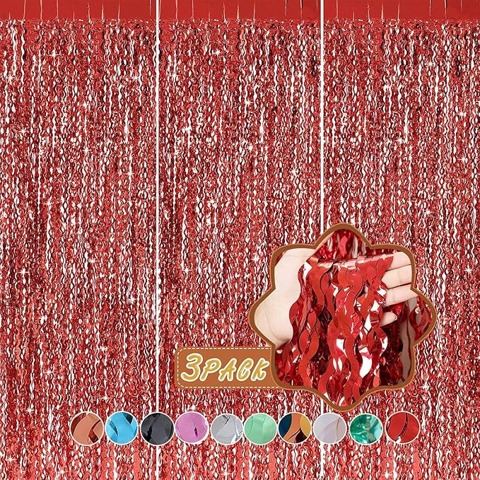 3 Pack Red Aluminium Foil Curtains, 3.3ft x 6.6ft, Wavy Shape, for Party Decorations & Photo Background