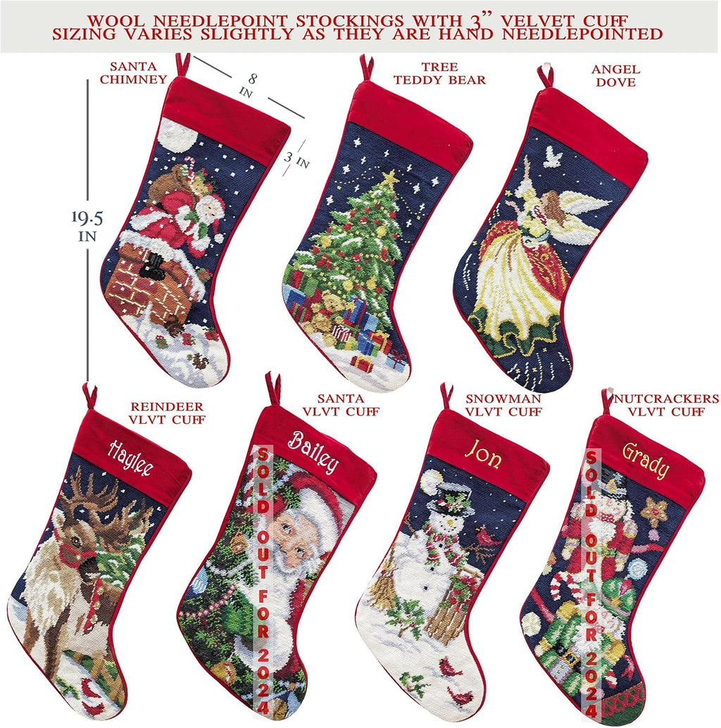Santa on Chimney Needlepoint Christmas Stocking - Personalized Name Embroidery Family Holiday Keepsake Décor
