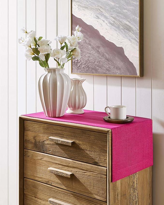ZeeMart Linen Textured Border Table Runner, 14 x 48 Inch Hot Pink, Farmhouse Style Pink Table Runners 48 Inches Long, Easy Care Everyday Polyester Table Runner
