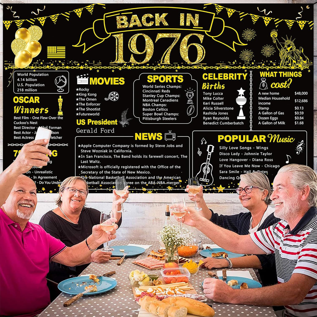 DARUNAXY 50th Birthday Black Gold Party Decoration, Back in 1976 Banner 50 Year Old Birthday Party Poster Supplies Vintage 1976 Backdrop Photography Background for Men & Women 50th Class Reunion Decor
