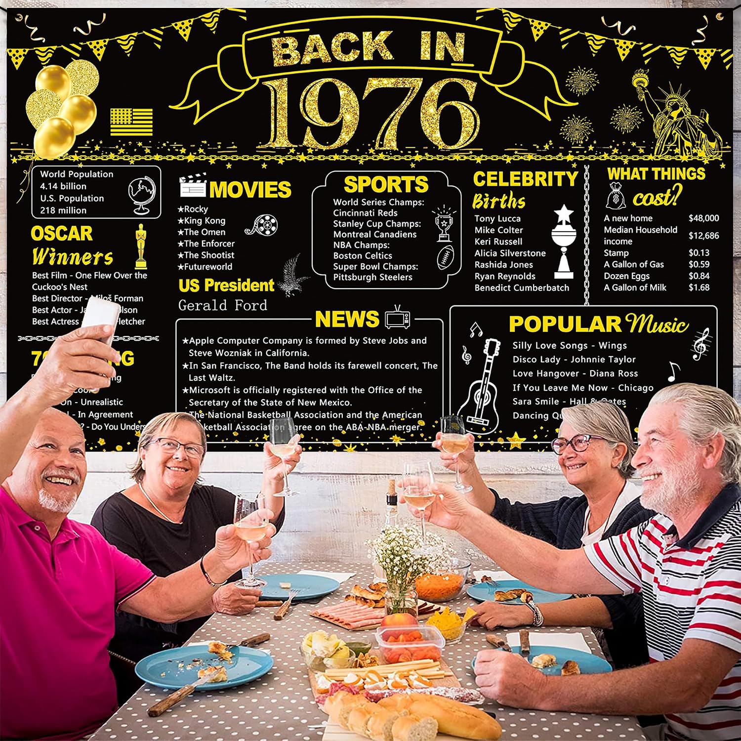 DARUNAXY 50th Birthday Black Gold Party Decoration, Back in 1976 Banner 50 Year Old Birthday Party Poster Supplies Vintage 1976 Backdrop Photography Background for Men & Women 50th Class Reunion Decor