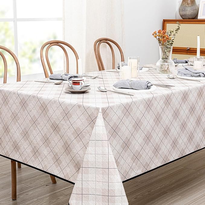 MYSKY HOME Table Cloth 60x102 in Rectangle, Heavy Duty Linen Look Waterproof Tablecloths Farmhouse Tablecloth, Wrinkle Free Table Cover with Black Plaid for Kitchen Dining, Party