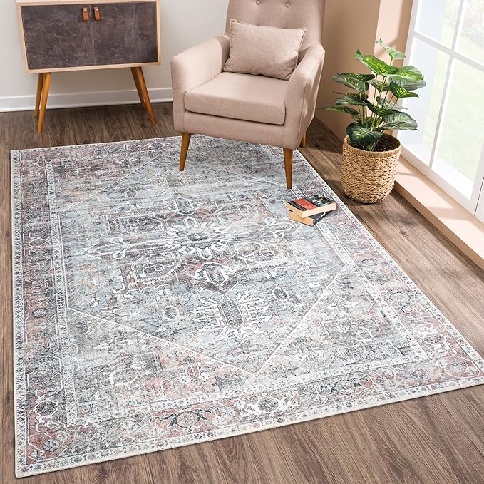 Bloom Rugs Washable Non-Slip 3' x 5' Rug - Light Pink/Light Blue Traditional Medallion Area Rug for Living Room, Bedroom, Dining Room, and Kitchen - Exact Size: 3' x 5'