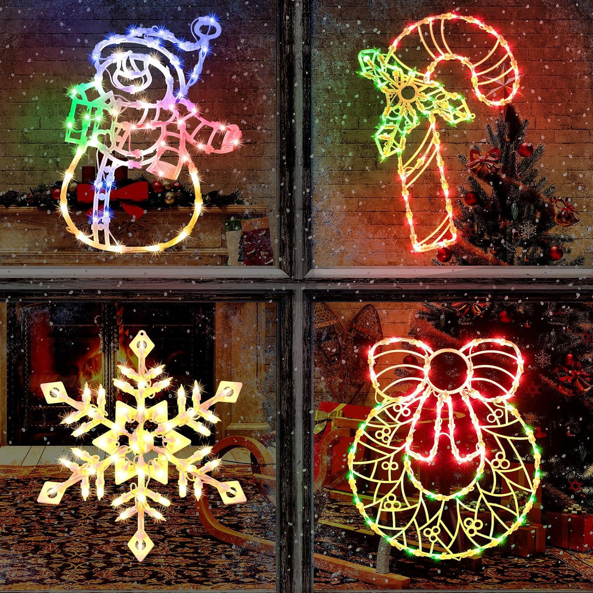 christmas window lights,wreath,candy cane, snowflakes, snow man, main product view