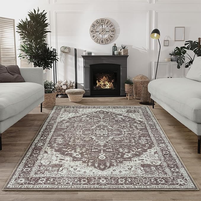 Bloom Rugs Washable Non-Slip 5' x 7' Rug - Dark Brown Traditional Medallion Area Rug for Living Room, Bedroom, Dining Room, and Kitchen - Exact Size: 5' x 7'