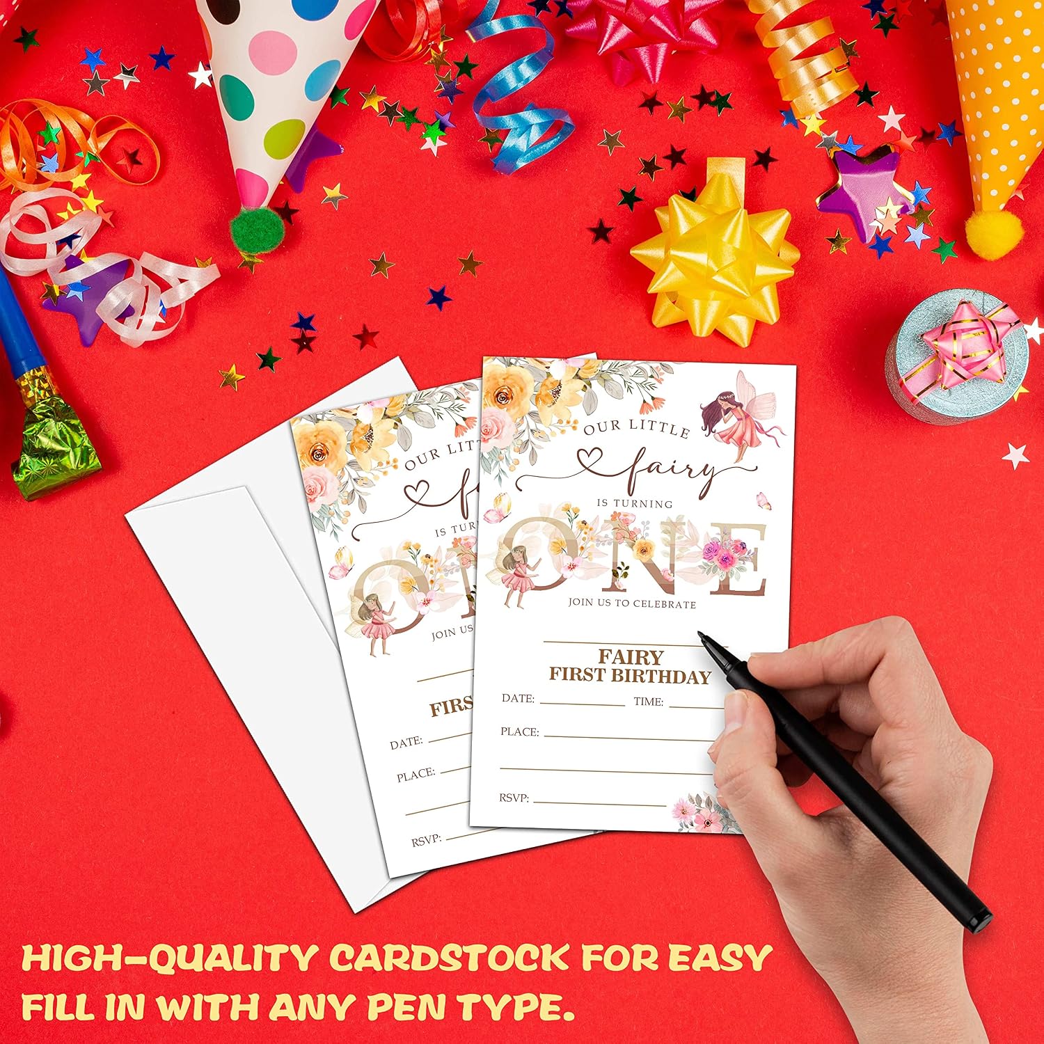 Fairy 1st Birthday Party Invitation, Garden Fairy Themed Fill-In Invites, 20 Floral Invitations With Envelopes for Women (4" X 6"), Adults Butterfly Party Favors Decorations and Supplies -56