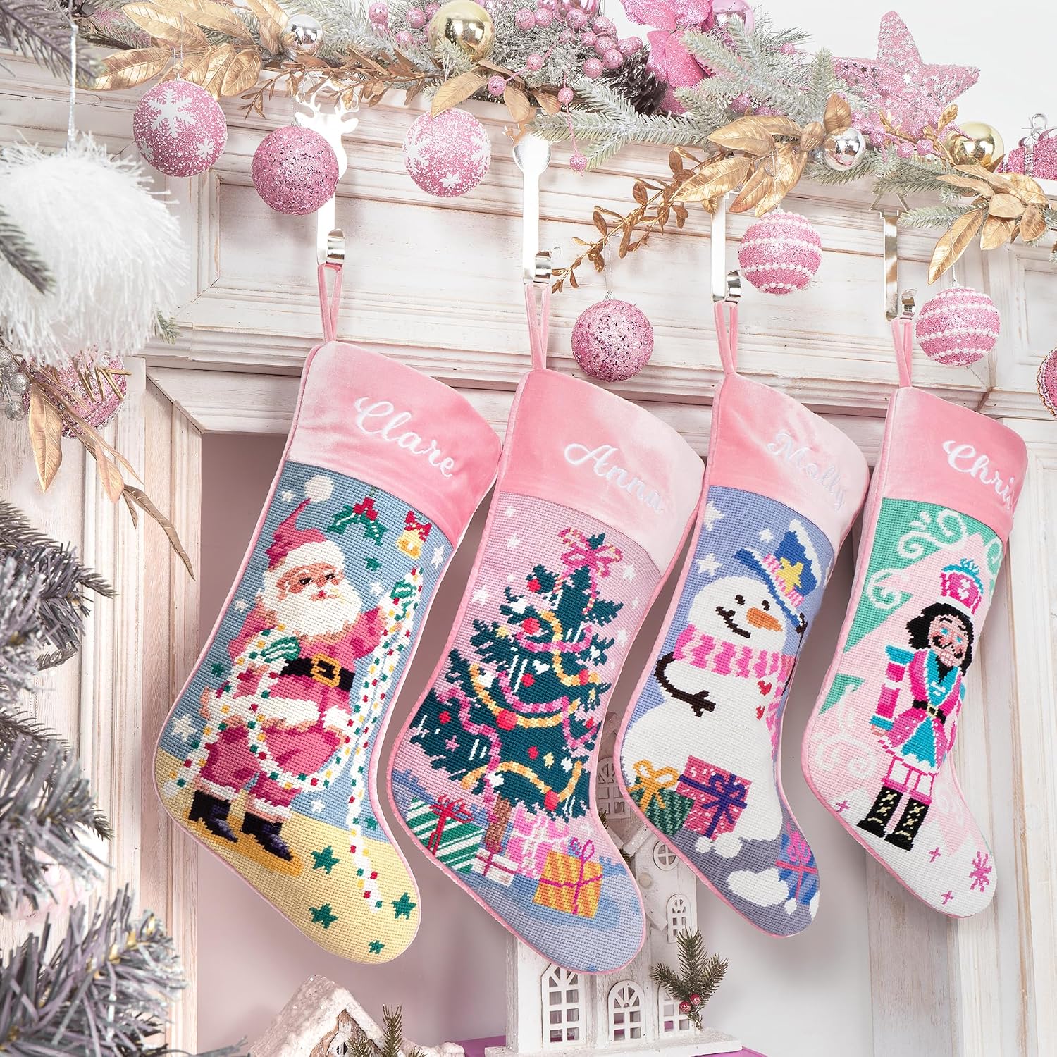 MT WORLD Needlepoint Christmas Stockings Personalized Snowman Santa Nutcracker Christmas Tree Embroidered Family Stockings for Holiday Applique Pink Velvet Stocking with Name for Family Decoration