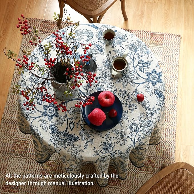 ISAENNE Designer French Linen Round Tablecloth,Blue Floral Washable Indoor Table Cloth,Durable Home Decor Tablecloths for Dining Thanksgiving Kitchen Party Christmas,Diameter 67"-Ruyi B