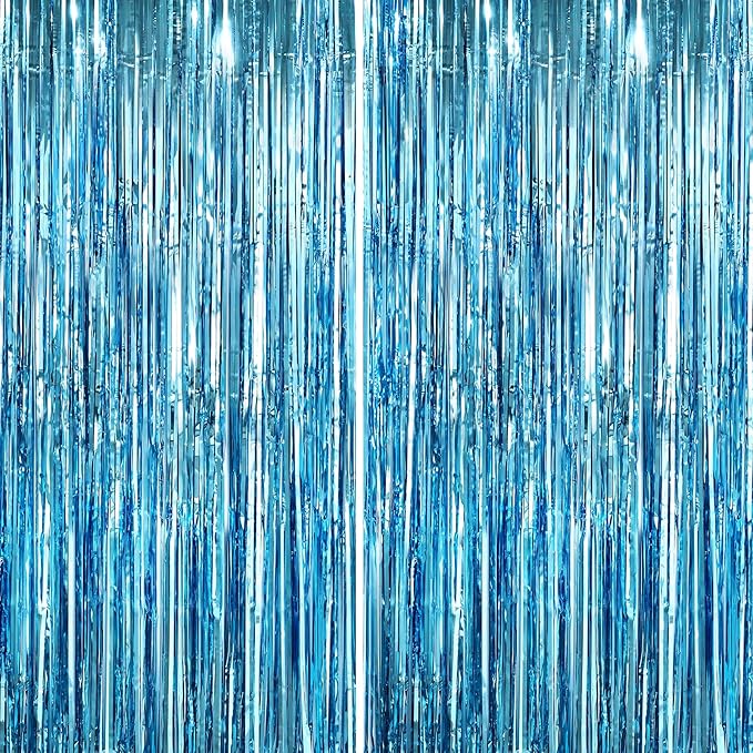 GCB 2Pack Blue Metallic Tinsel Foil Fringe Curtains, Blue Door Streamers Photo Booth Backdrop for Birthday Party, Tinsel Curtain Backdrop for Baby Shower Bachelorette Xmas Party Decorations