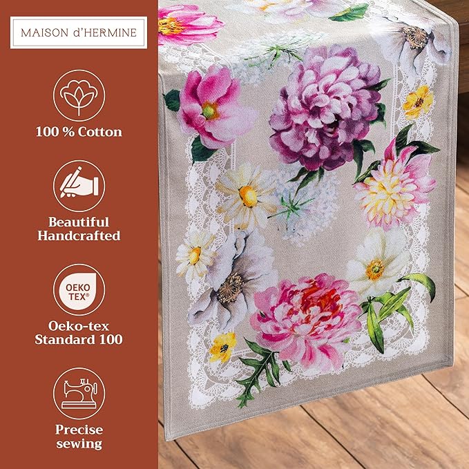 Maison d' Hermine Table Runner 100% Cotton Double Layer Table Runners 108 inches Long Decorative for Home Kitchen Dining Party Baby Shower Wedding Bridal Shower Spring Summer (Pivoine, 14.50" x 108")