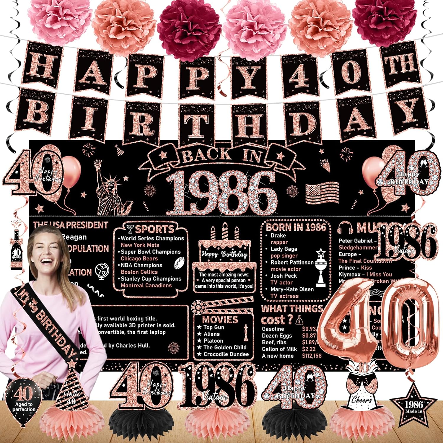 Zirtorei 40th Birthday Decorations for Women, 21pcs the Year 1986 Banner Balloon Party Supplies, Rose Gold 40 Year Old Birthday Backdrop, 40 Bday Honeycomb Centerpiece Hanging Swirls Sash Gifts