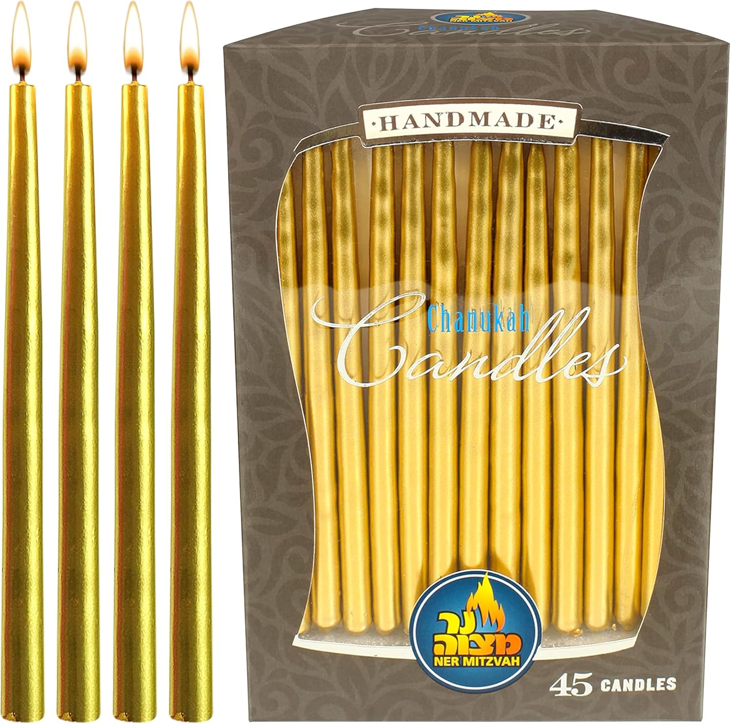 Ner Mitzvah Dripless Chanukah Candles, Hanukkah Candles Fits Most Menorahs, Premium Quality Wax for All 8 Nights of Hanukkah - Metallic Gold, Standard Size - 45 Count