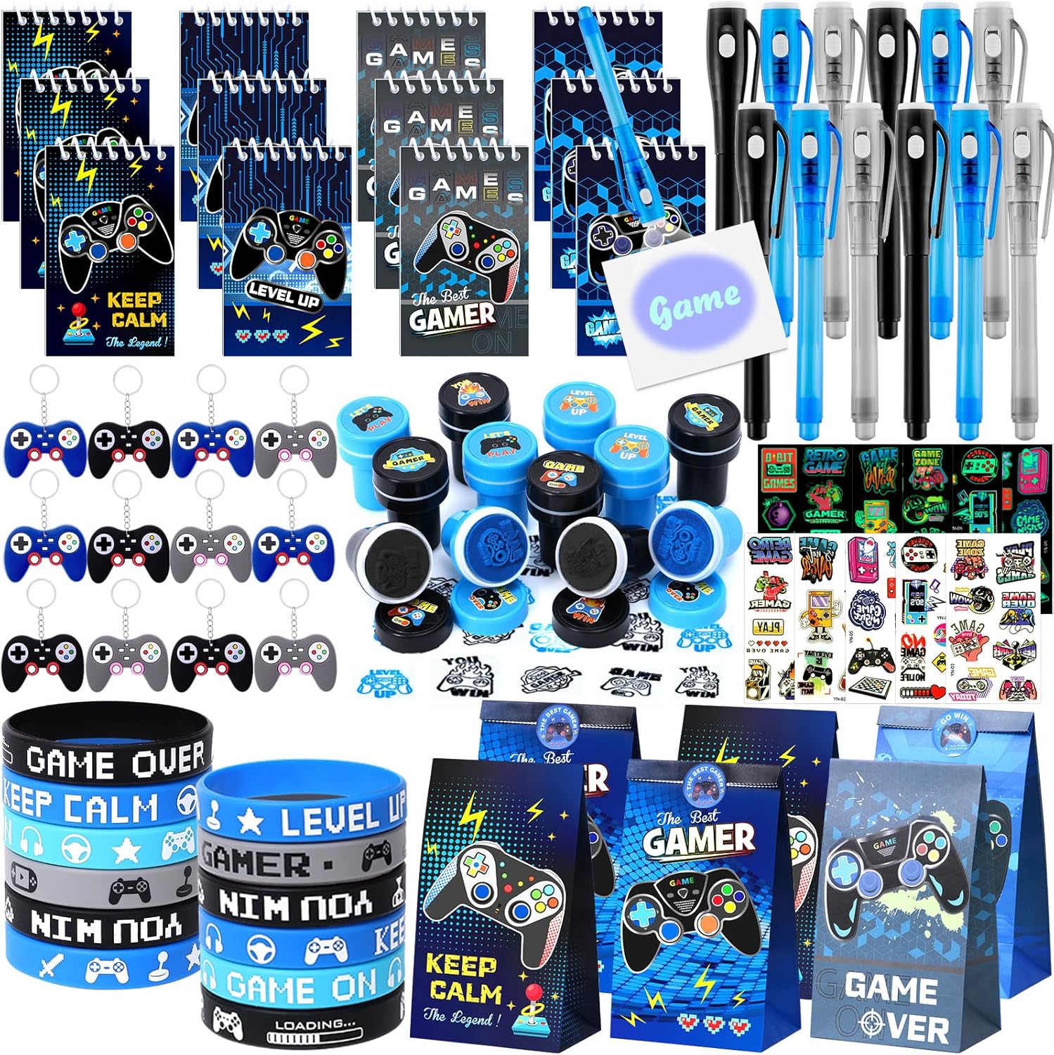 84Pcs Video Game Party Favors Birthday Supplies Kids Boys Invisible Ink Pen Notebook Silicone Bracelet Stamper Tattoo Sticker Gaming Toy Gift Bag Goodie Bag Stuffers Gamer Party Favors