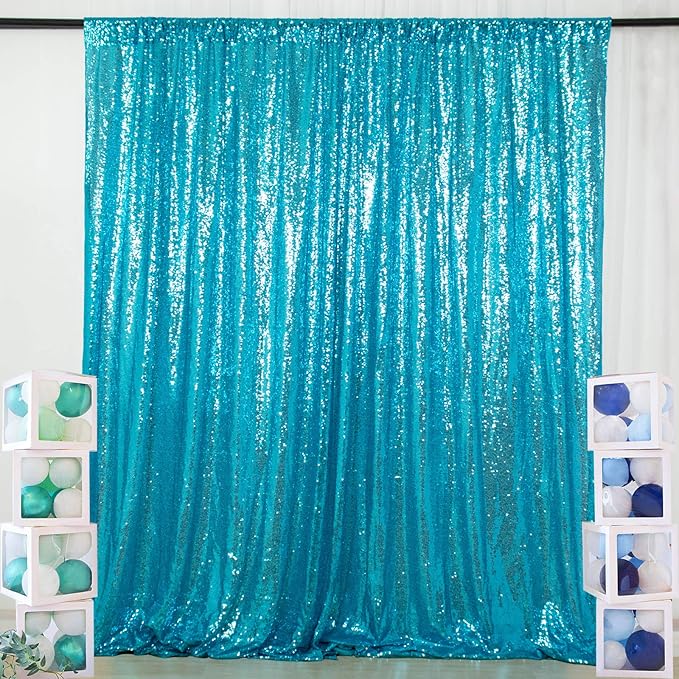 ShinyBeauty Sequin Curtain Turquoise 4FTx8FT Photo Backdrop - Aqua Blue Glitter Photography Backdrop for Wedding and Bridal Shower