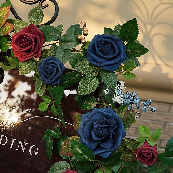 PONATIA 5FT Handcrafted Artificial Rose Flower Garland, Burgundy Flower Garland for Wedding Ceremony Garlands Backdrop Arch Flowers, Ceremony Reception Table Decorations (Burgundy & Navy)