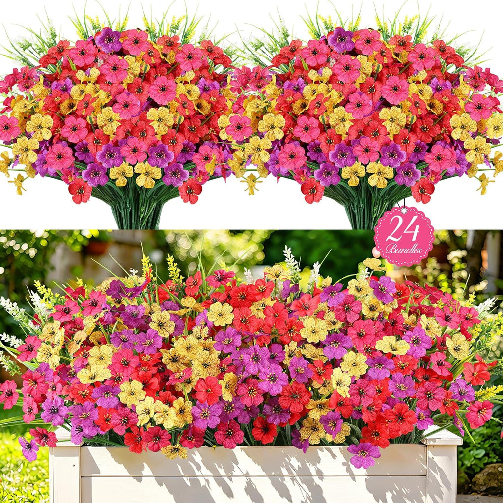 24 Bundles Realistic Fake Flowers for Outdoors, No Fade Faux Silk Flowers & Artificial Plants Lavender, for Garden Patio Porch Decor, Window Box, Hanging Basket, Planter, Grave Decorations