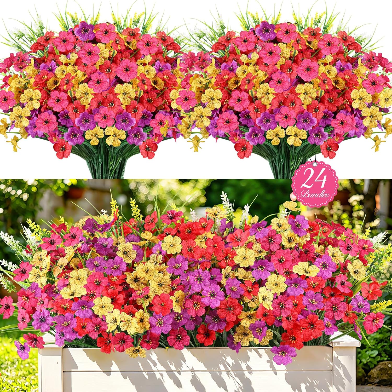 24 Bundles Realistic Fake Flowers for Outdoors, No Fade Faux Silk Flowers & Artificial Plants Lavender, for Garden Patio Porch Decor, Window Box, Hanging Basket, Planter, Grave Decorations