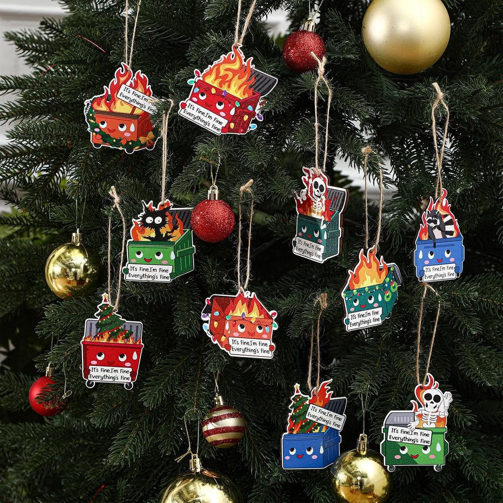Syhood 50 Pcs Christmas Dumpster Fire Ornament Funny Christmas Tree Hanging Ornaments Bulk Everything is Fine Emotional Dumpster Fire Employee Appreciation Gifts for Team Coworker Nurse, 10 Styles