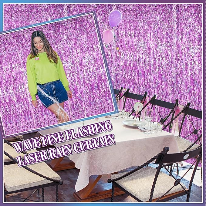 Jutom 6 Pieces 3.3 x 6.6 ft Wavy Tinsel Foil Fringe Curtains Foil Fringe Streamer Backdrop Party Curtain for Sea Mermaid Baby Shower Birthday Party Decoration(Light Purple)