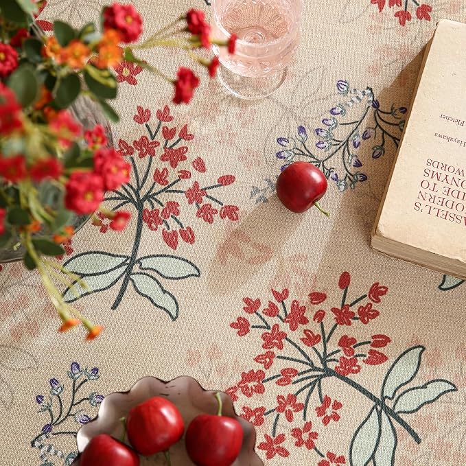 patdrea Designer Linen French Round Table Cloth,Vintage Red Floral Durable Breathable Colorful Dacorative Tablecloth for Kitchen Dining,Christmas,Thanksgiving,Holiday,Diameter 67"-Newmari