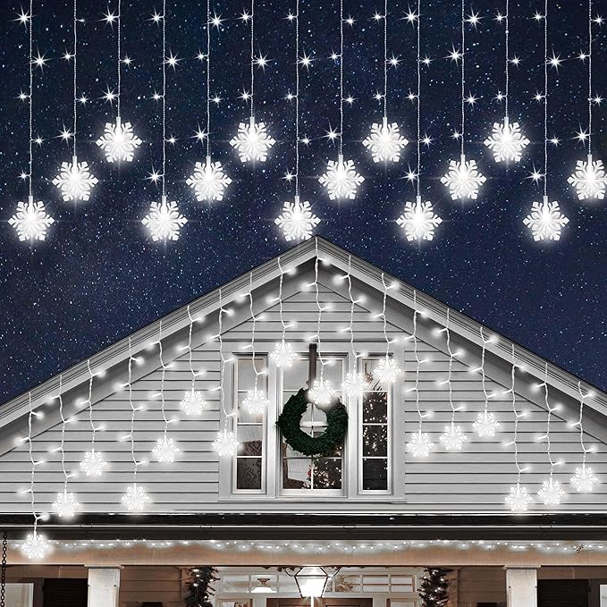Christmas White Icicle Lights with Snowflake, 150 LED Curtain Lights with 8 Lighting Modes, Plug in Twinkle Lights for Home Christmas Wedding Party Decoration