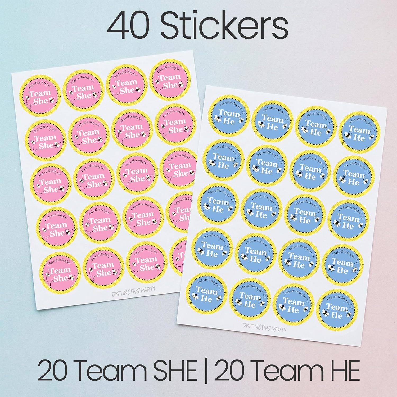 What Will It Bee Gender Reveal Voting Stickers, 40 Count | 1.75 in round, 20 Team He Blue and 20 Team She Pink, Honey Bee Bumble and Hive Theme
