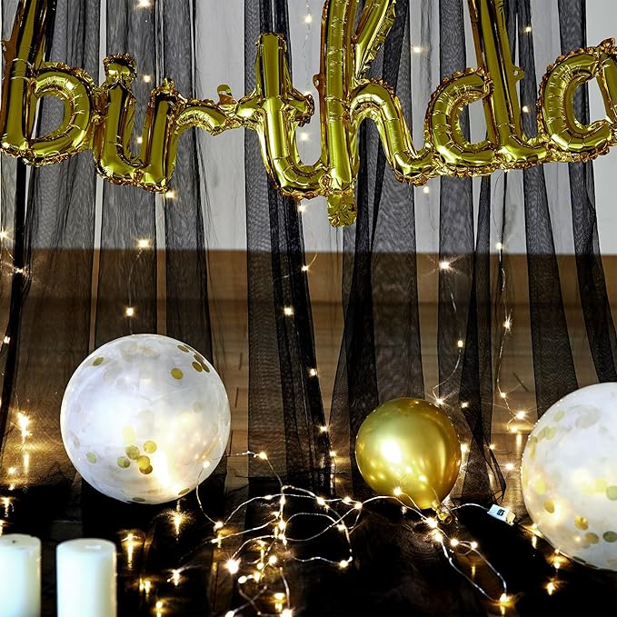 Black Tulle Backdrop Curtain with Lights String for Parites 20ft×8ft Black Sheer Backdrop Curtains for Baby Shower Wedding Bridal Shower Birthday Party Photo Shoot Decorations(4 Panels 5×8ft)