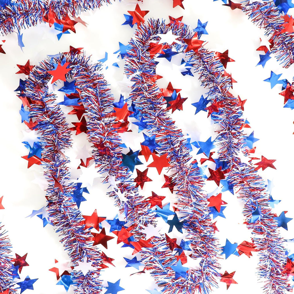 50Ft Metallic Glitter Stars 4th of July Garland Decorations,USA 250th Anniversary Patriotic Independence Memorial Day Decor for Tree Mantle Yard Door Parade Car Table Indoor Outdoor Holiday Party