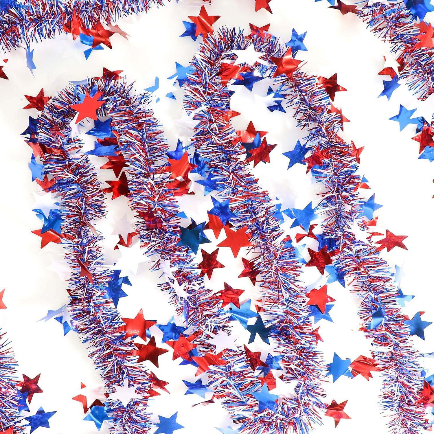 50Ft Metallic Glitter Stars 4th of July Garland Decorations,USA 250th Anniversary Patriotic Independence Memorial Day Decor for Tree Mantle Yard Door Parade Car Table Indoor Outdoor Holiday Party
