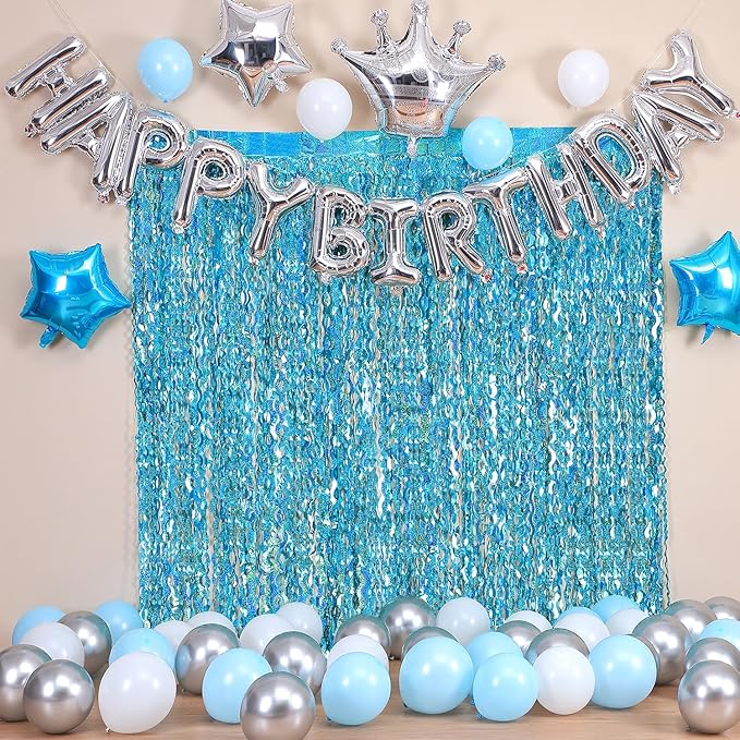 4 Pack Teal Aqua Blue Wavy Foil Fringe Curtains Party Decorations - 3.3 ft x 6.6 ft Sparkle Streamer Tinsel Curtain Party Photo Backdrops for Birthday Party Christmas Graduation Decoration