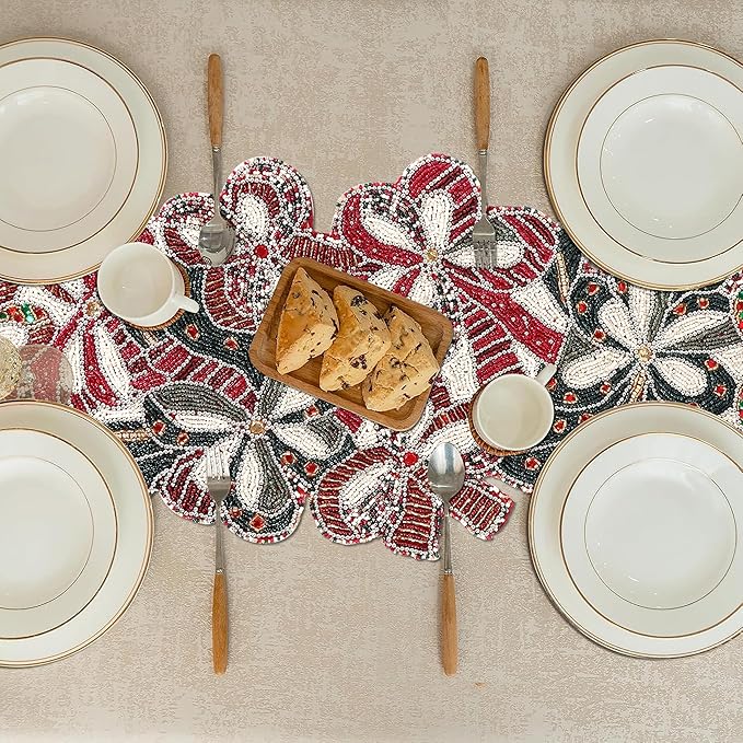 Elegant Glass Beads Table Runner 13x36 - Handcrafted Beaded Table Linen, Perfect for Weddings, Festive Celebrations, Dining Tables, Home Décor, and Everyday Use (Red White) - CLEENTABLE