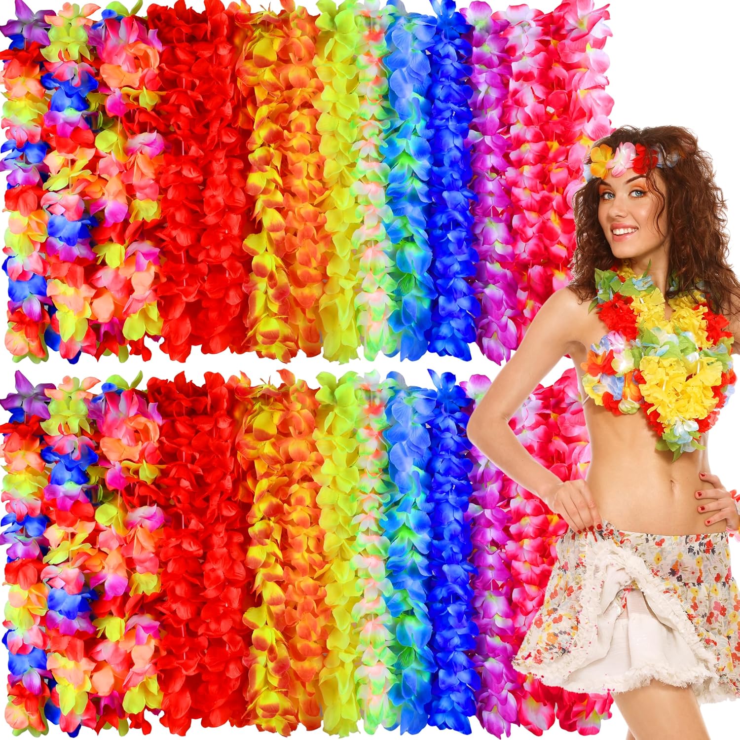 Palonu 120 Pack Hawaiian Lei Bulk, Tropical Luau Hawaii Theme Silk Flower Necklace, Party Favors for Beach Holiday Wedding Birthday Party, Aloha Summer Party Decorations