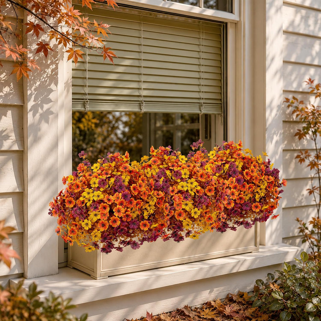 axylex artificial fall flowers outdoor fake mums (brownorangeyellow on a desk or shelf