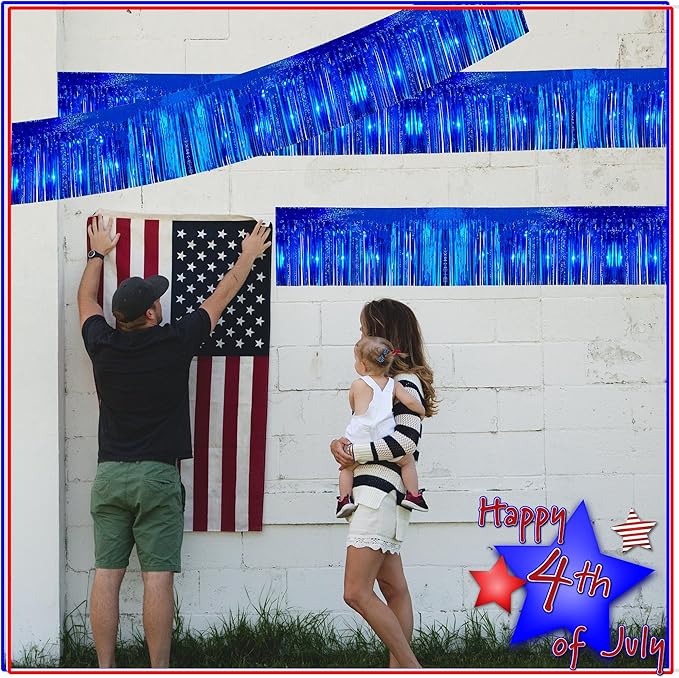 4 Pack 10 Feet Glitter Royal Blue Parade Float Decorations for Trailer Car, Glitter Foil Fringe Metallic Tinsel Streamers Banner Garland for Graduation Weeding Homecoming Birthday Party(Glitter-Blue)