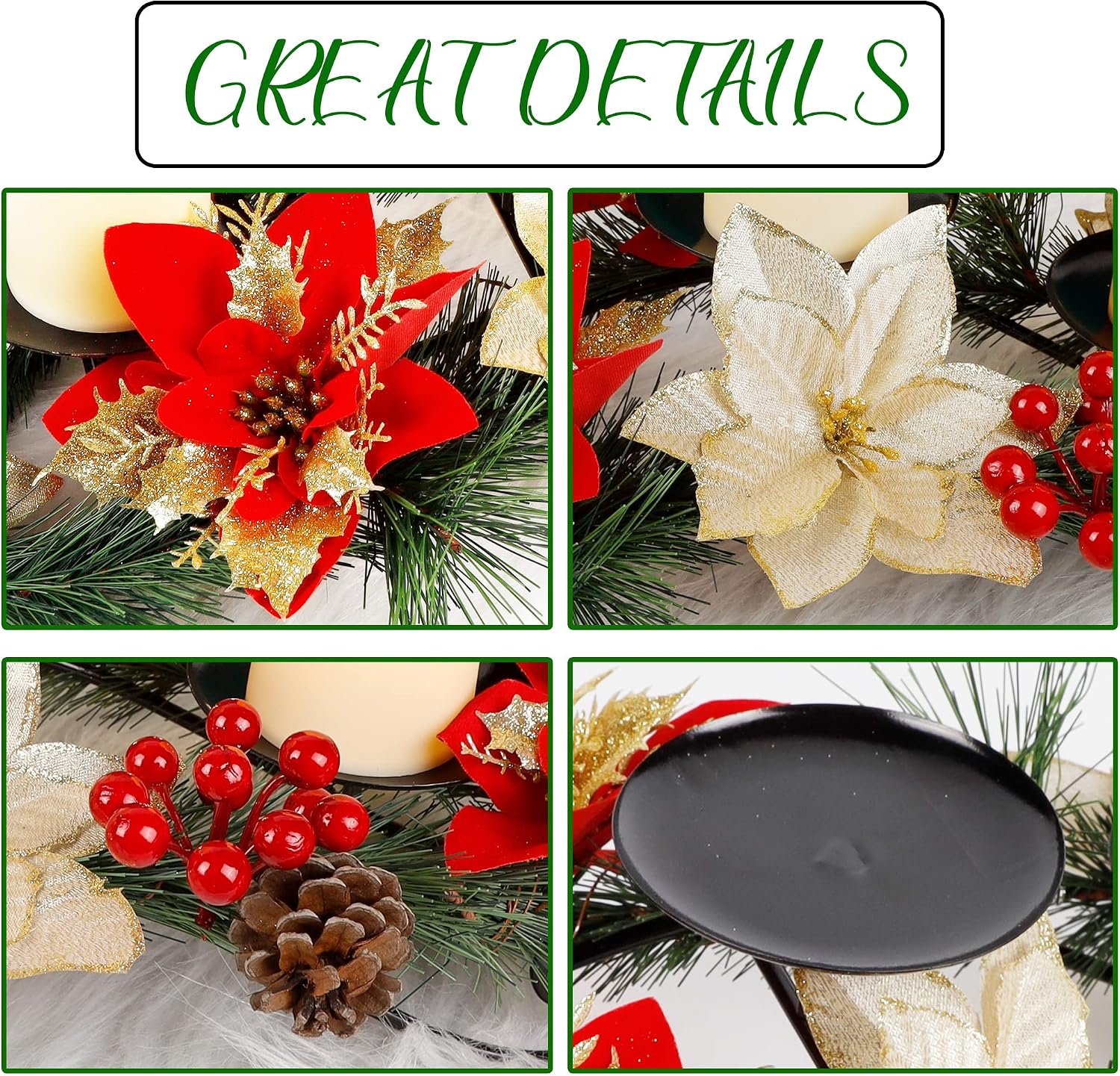 Joliyoou Christmas Tabletop Centerpieces, 17.5" L Christmas Poinsettia Candle Holder with 3 Battery Operated Light Up Candle Lights, Metal Candelabrum for Xmas Holiday Table Mantel Decoration