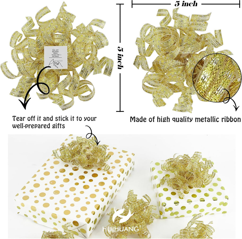 HUIHUANG Gold Bows for Gift Wrapping Self Adhesive Metallic Christmas Gift Bows Gold and Silver Burst Curly Ribbon Bows for Presents, Treat Bags, Party Favors, Wedding Decor -5 inch x 6 Counts