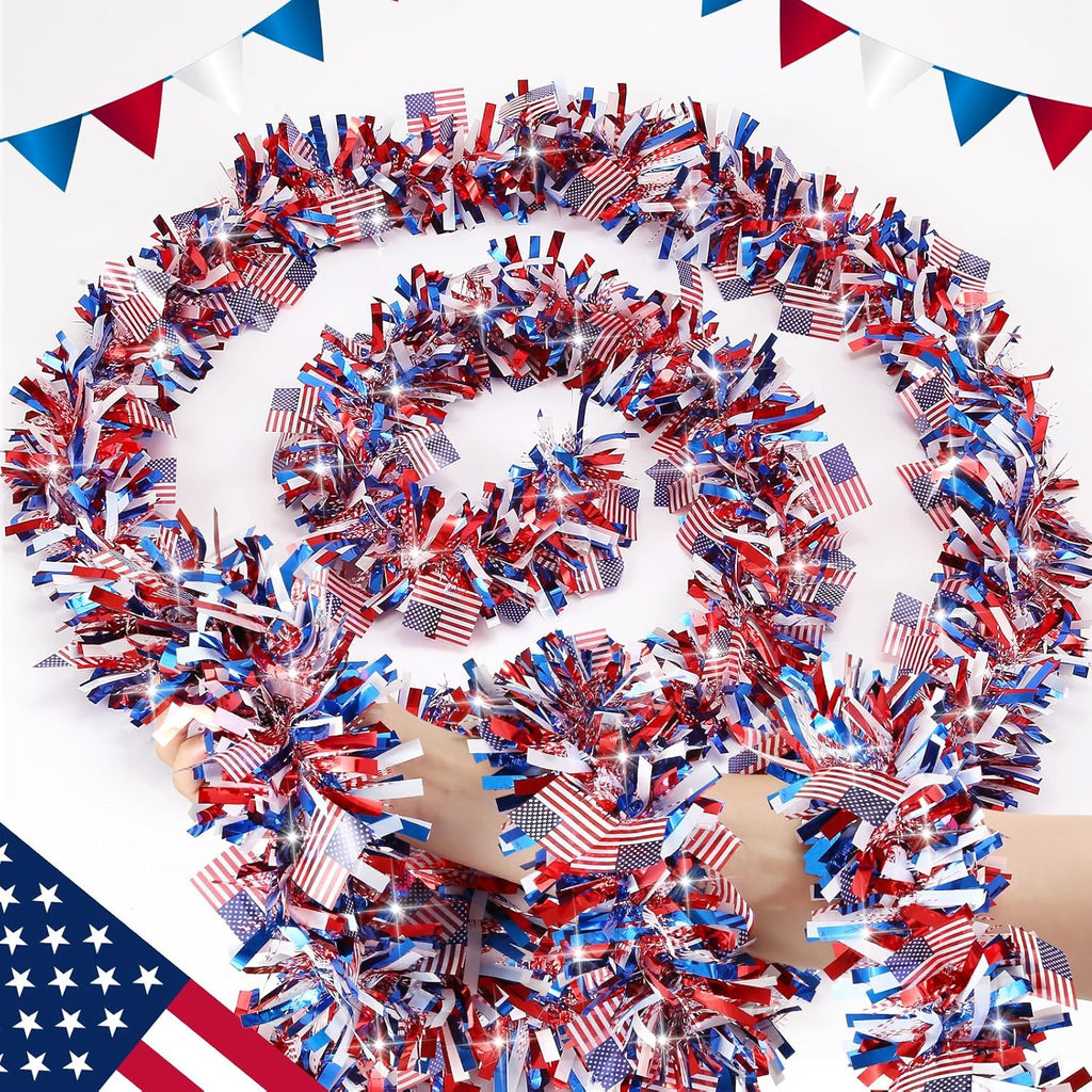 50 FT 4th of July Tinsel Garland Decorations, USA Flag Garlands Patriotic Decor for Memorial Day Independence Day 4th of July Indoor Outdoor Home Porch Red White and Blue Decor Supplies