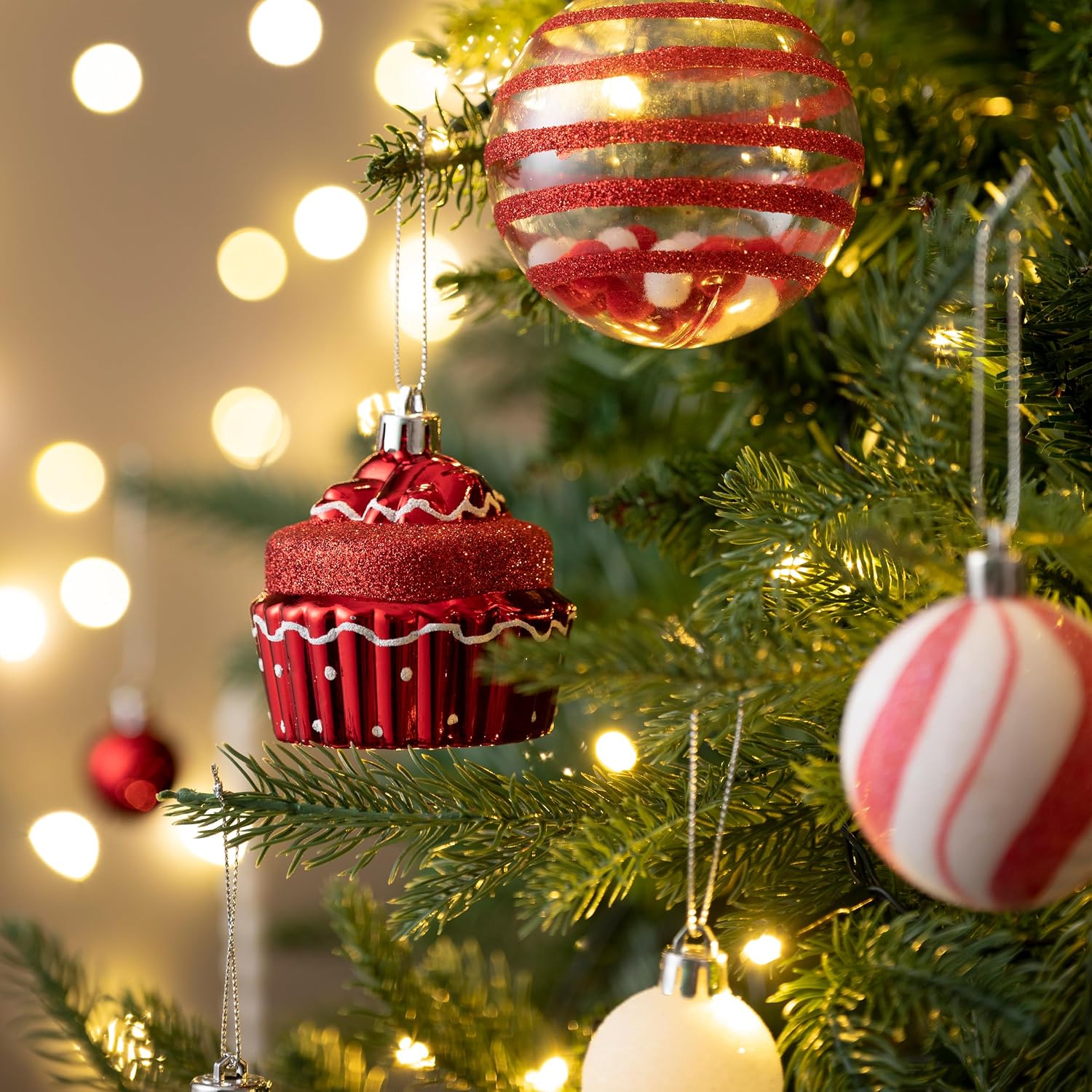 Valery Madelyn Christmas Ornaments Set, 120ct Candy Cane Red and White Shatterproof Christmas Tree Decorations Set, Variety Decorative Hanging Ball Ornaments Bulk for Xmas Holiday Party Decor
