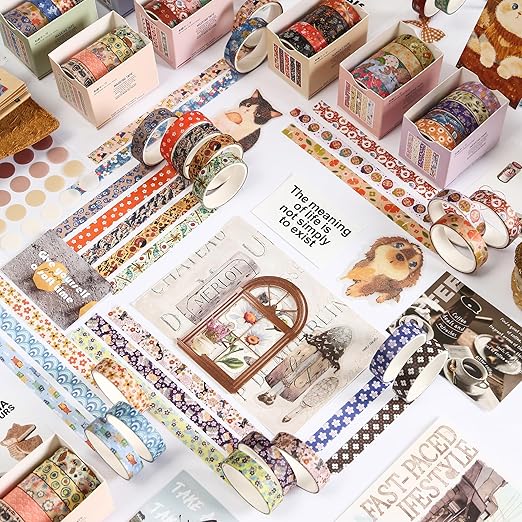 YUBBAEX 60 Rolls Value Washi Tape Pack Retro Arts Masking Tape Basic Patterns Decorative for DIY Crafts, Bullet Journal Supplies, Planners, Scrapbook, Card/Gift Wrapping (Autumn Kimono)
