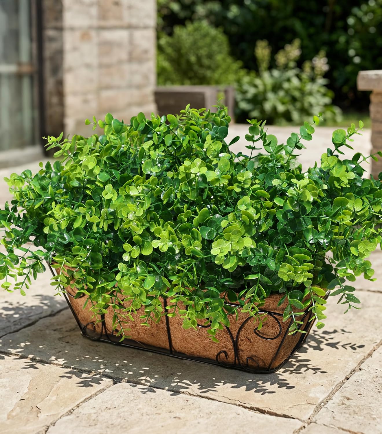 Artificial Faux Outdoor Plants for Spring Summer Decoration, 12 Bundles Fake Plastic Eucalyptus UV Resistant Look Real Fake Plants for Planter Outside Front Door Porch Patio Balcony Garden Indoor Yard